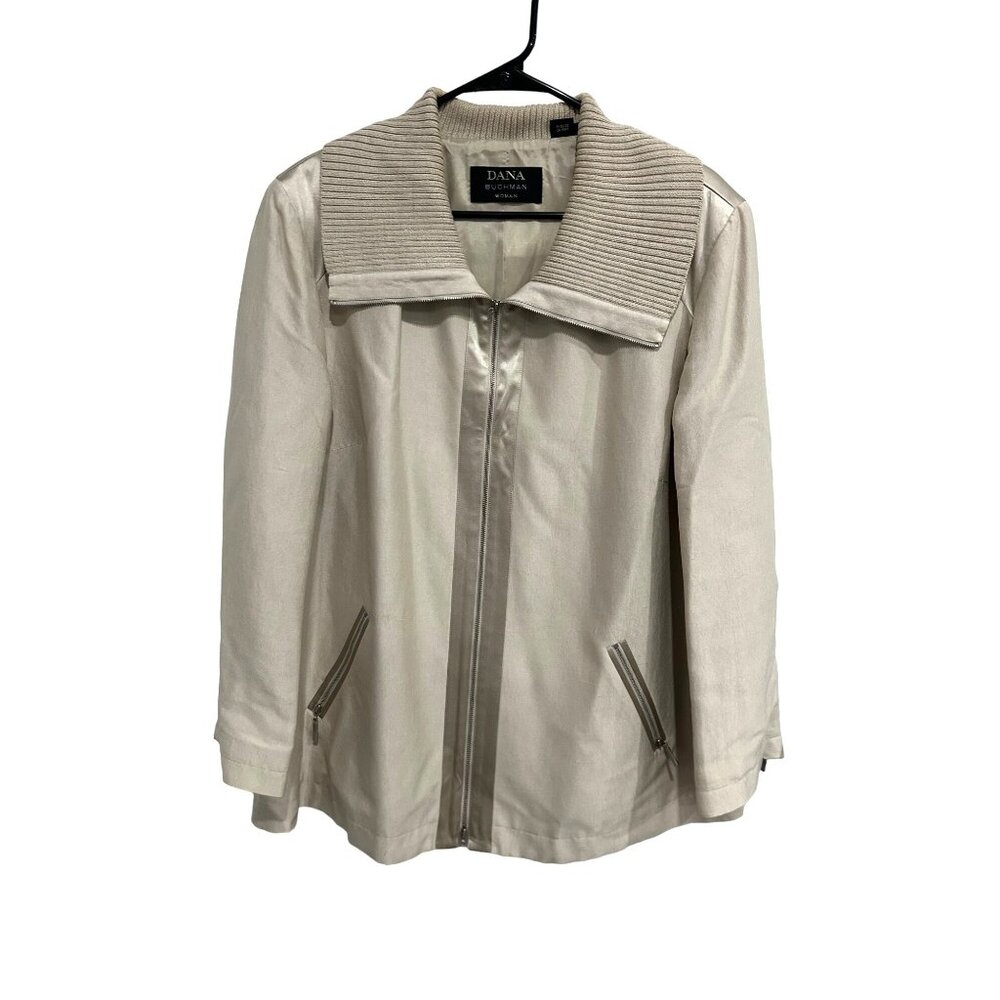 Dana Buchman Womens Beige Jacket With Zip Front Ribbed Collar Size 18